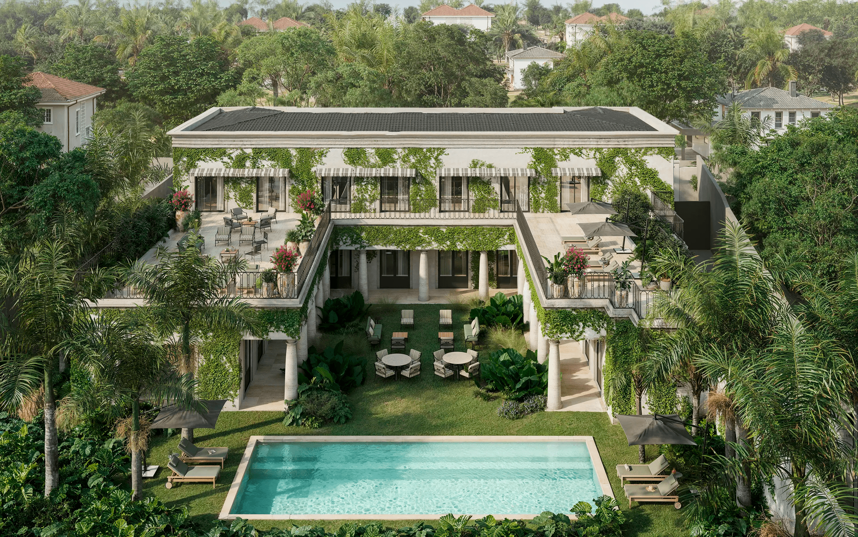 Vista superior da residencia com jardim e piscina