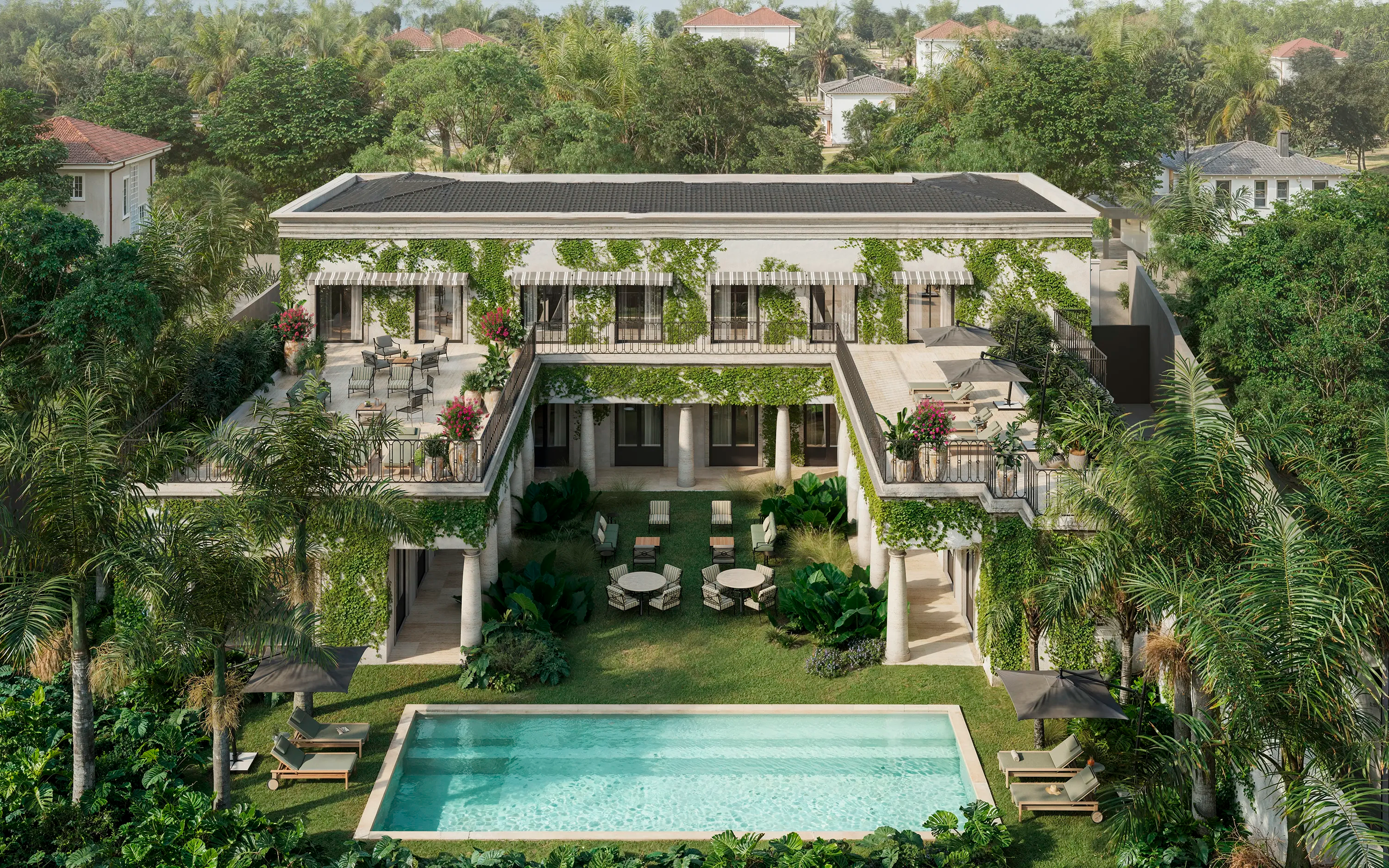 Vista superior da residencia com jardim e piscina